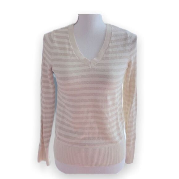 Charter Club Petite Striped V-Neck Sweater Cream Gold Metallic Preppy Glam - Picture 1 of 4